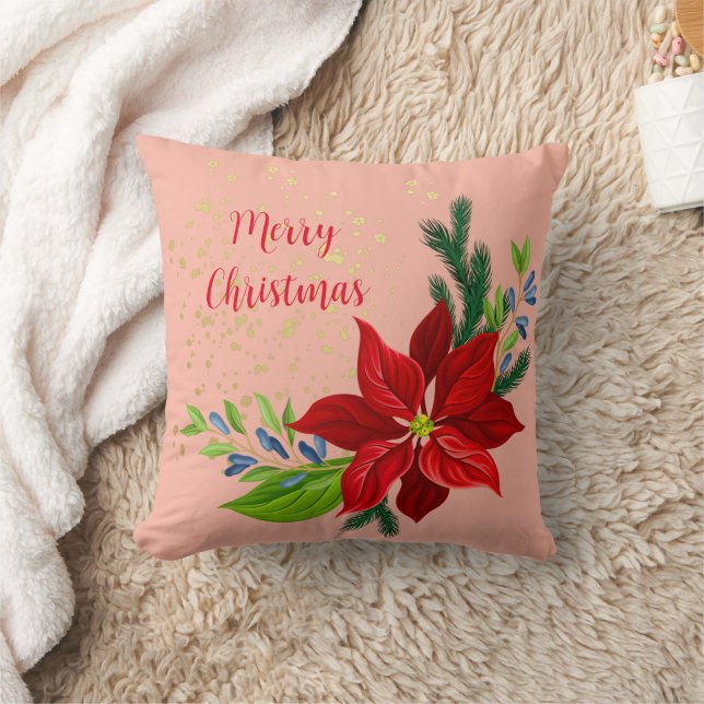 Poinsettia Floral Bouquet Throw Pillow (Blanket)