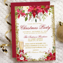 Poinsettia Floral Champagne Glass Christmas Party Invitation