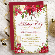 Poinsettia Floral Champagne Glass Holiday Party Invitation