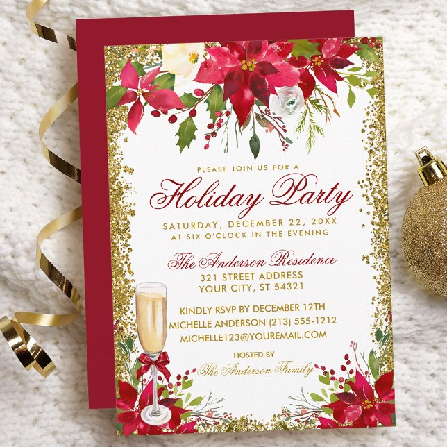 Poinsettia Floral Champagne Glass Holiday Party Invitation (Customize to change text color, size, style or to change color of back of card.)