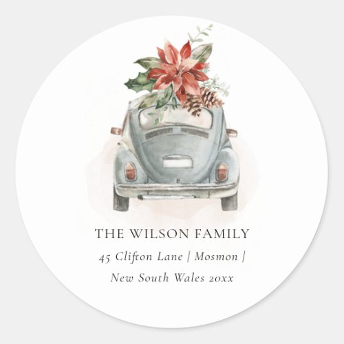 Poinsettia Floral Christmas Car New Home Address Classic Round Sticker