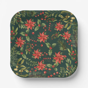 Poinsettia Floral Christmas Holiday Botanical Paper Plates
