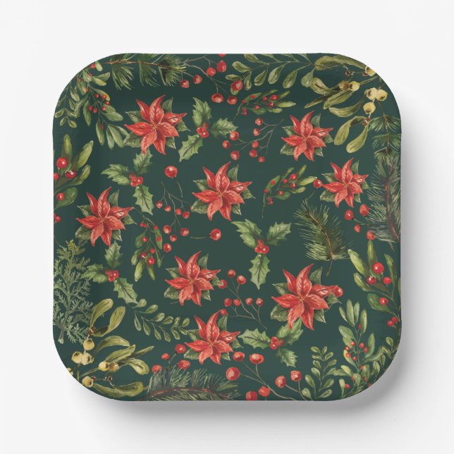 Poinsettia Floral Christmas Holiday Botanical Paper Plates (Front)