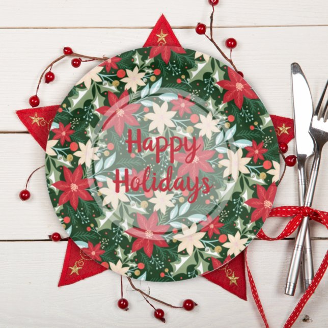 Poinsettia Floral Christmas Holiday Green Paper Plates (Creator Uploaded)