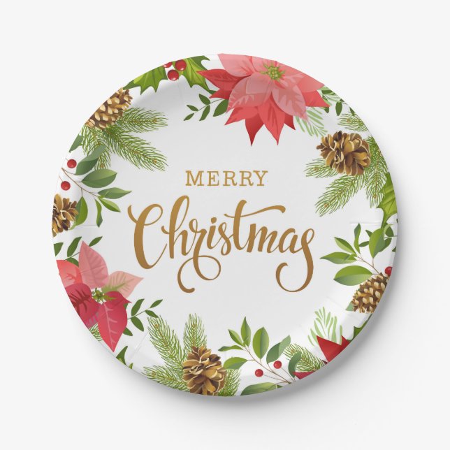 Poinsettia Floral Christmas | Holidays Paper Plates (Front)