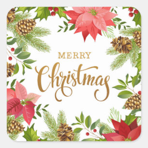 Poinsettia Floral Christmas Holidays Square Sticker