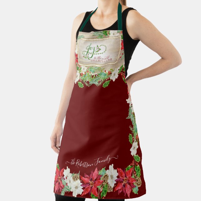 Poinsettia Floral Christmas Joy to World Burgundy Apron (Insitu)