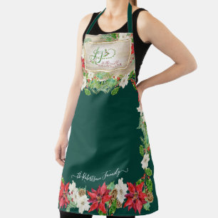 Poinsettia Floral Christmas Joy to World Red Green Apron