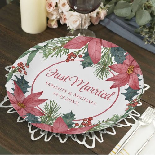 Poinsettia Floral Christmas Just Married Wedding Paper Plates