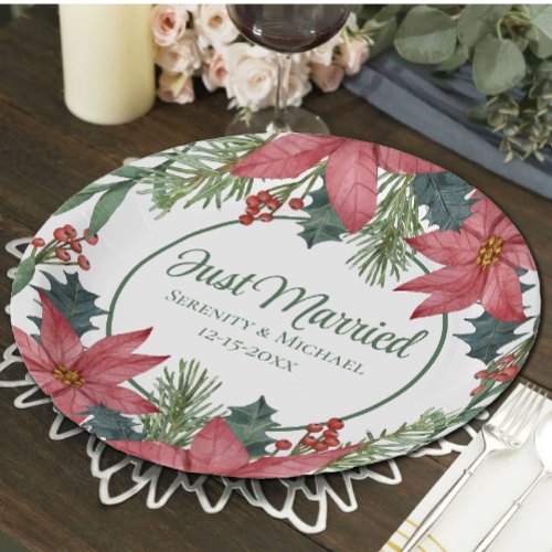 Poinsettia Floral Christmas Just Married Wedding Paper Plates