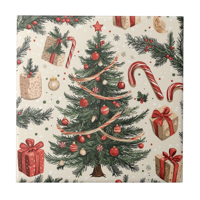 Poinsettia Floral Christmas Pattern (4) Ceramic Tile (Front)