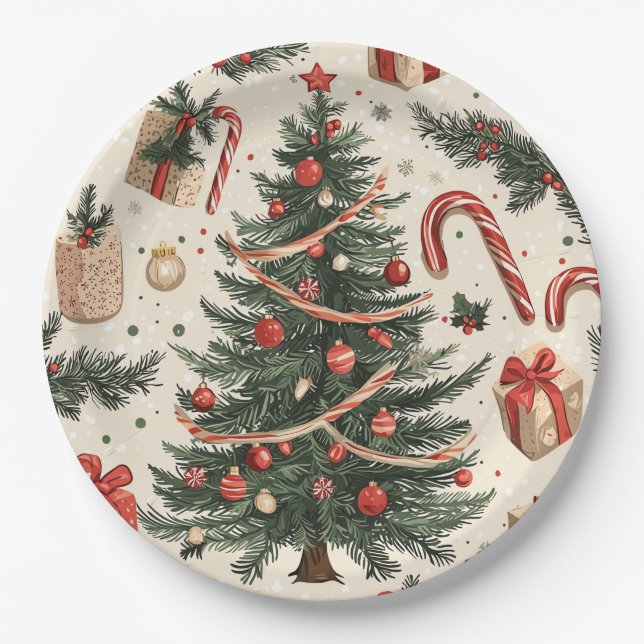 Poinsettia Floral Christmas Pattern (4) Paper Plates (Front)