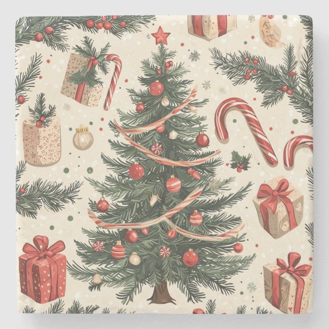 Poinsettia Floral Christmas Pattern (4) Stone Coaster (Front)