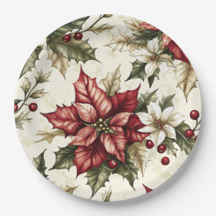Poinsettia Floral Christmas Pattern (5) Paper Plates