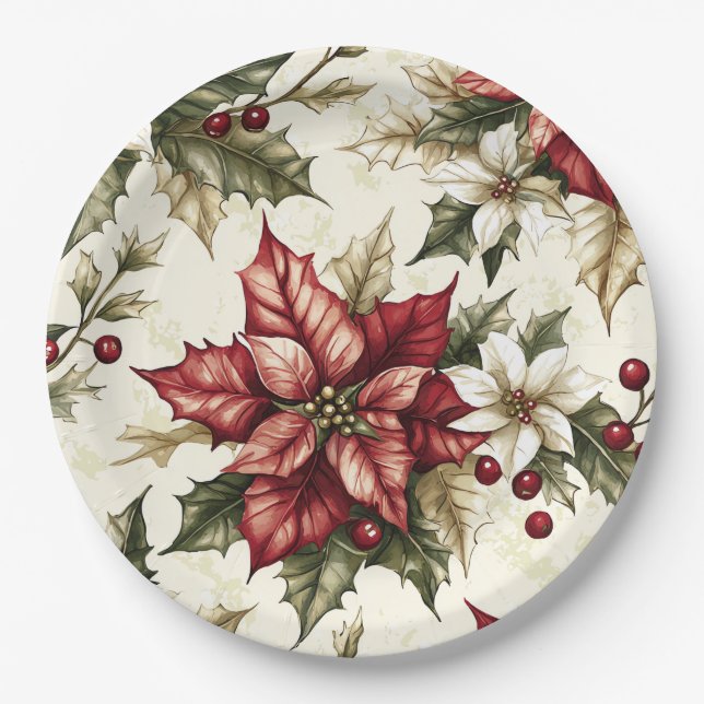 Poinsettia Floral Christmas Pattern (5) Paper Plates (Front)