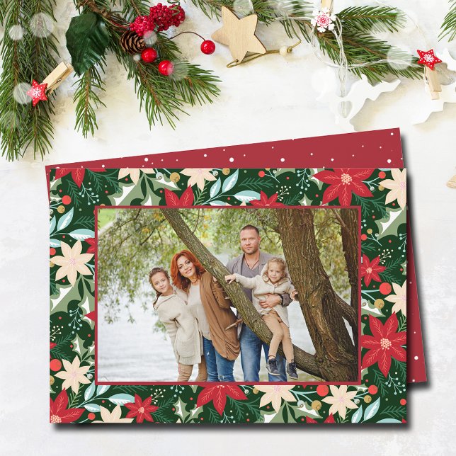 Poinsettia Floral Christmas Photo Holiday Card (Poinsettia floral Christmas  holiday photo cards)