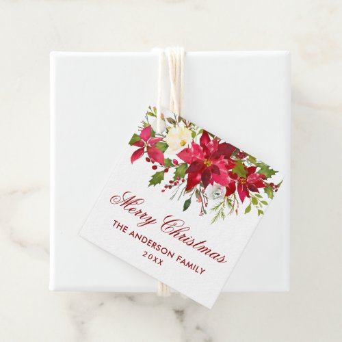 Poinsettia Floral Christmas Square Red Favor Tags