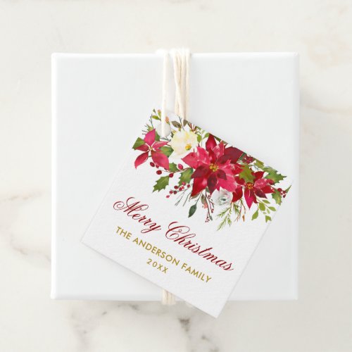 Poinsettia Floral Christmas Square Red Gold Favor Tags