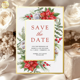 Poinsettia Floral Christmas Wedding Save the Date Foil Invitation