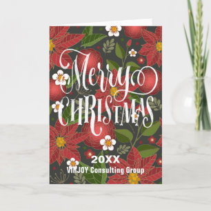 Poinsettia Floral Elegant Script Photo Business  Holiday Card