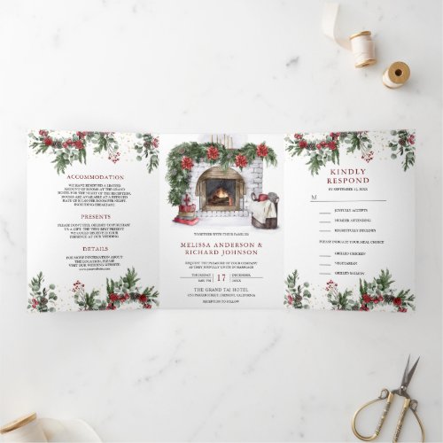 Poinsettia Floral Fireplace Christmas Wedding Tri_Fold Invitation