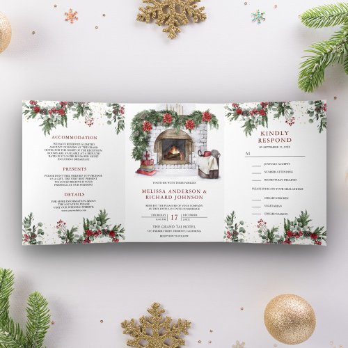 Poinsettia Floral Fireplace Christmas Wedding Tri_Fold Invitation