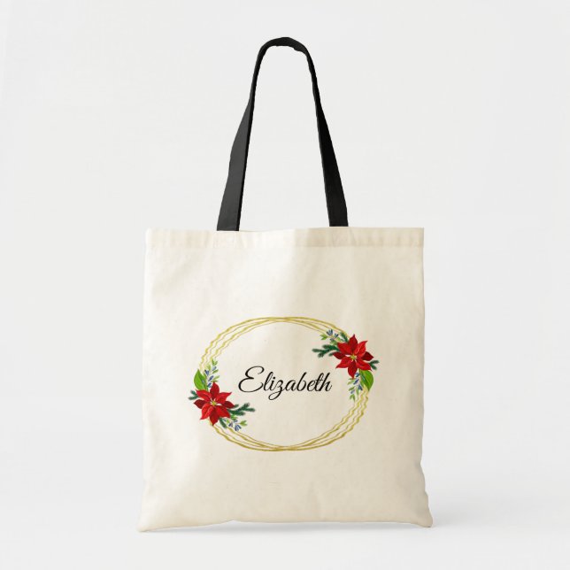 Poinsettia Floral  Geometric Gold Frame Bridesmaid Tote Bag (Front)