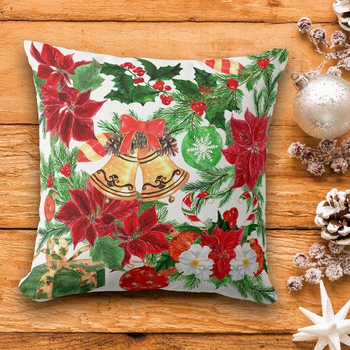 Poinsettia Floral Gold Bells Christmas Pattern Throw Pillow