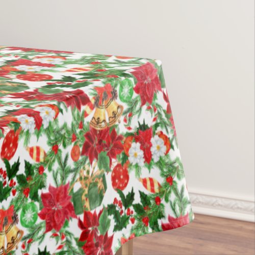 Poinsettia Floral Gold Bells Christmas Tablecloth