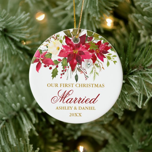 Poinsettia Floral Gold First Christmas | Photo Ceramic Ornament (Tree)