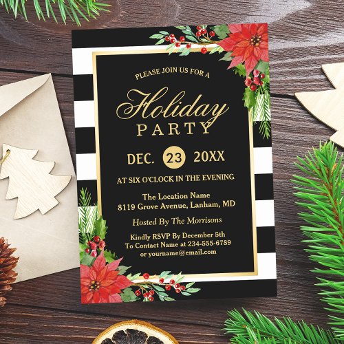 Poinsettia Floral Gold Frame Striped Holiday Party Invitation
