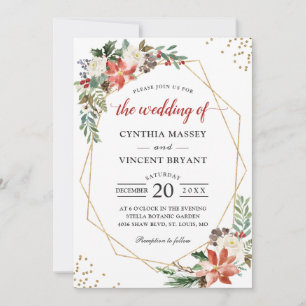 Poinsettia Floral Gold Geometric Christmas Wedding Invitation