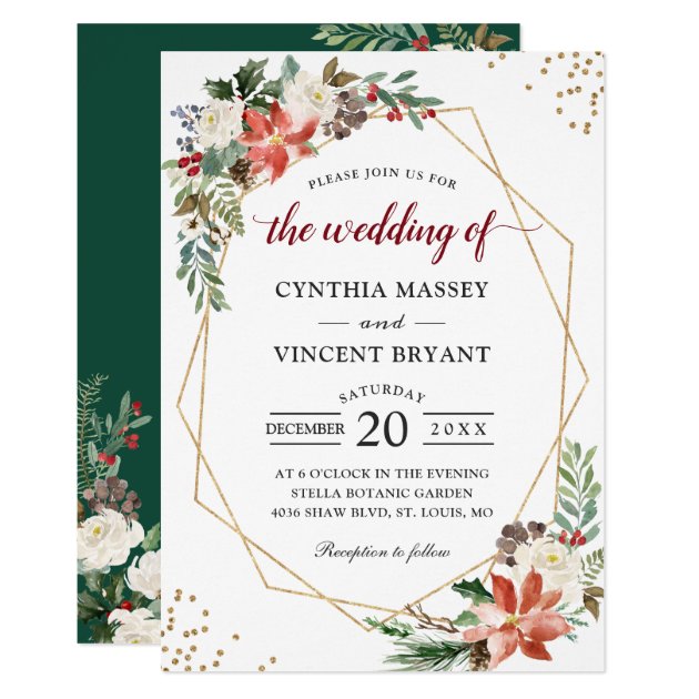 Poinsettia Floral Gold Geometric Frame Wedding Invitation