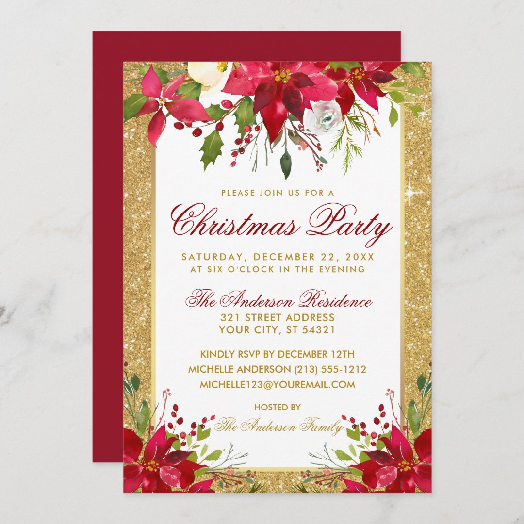 Poinsettia Floral Gold Glitter Red Christmas Party Invitation | Zazzle