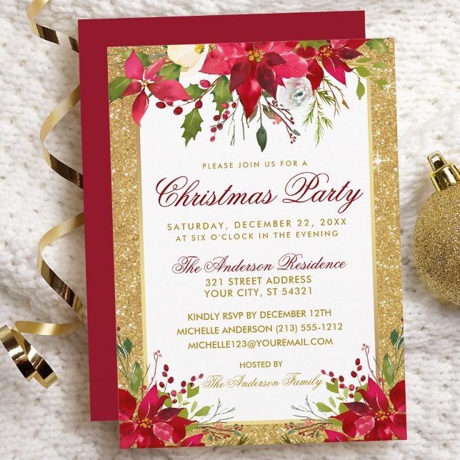Poinsettia Floral Gold Glitter Red Christmas Party Invitation (Customize to change text color, size, style or to change color of back of card.)