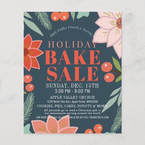 Poinsettia Floral Holiday Bake Sale Navy Flyer