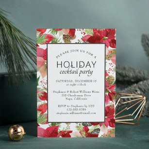 Poinsettia Floral Holiday Cocktail Party Invitation