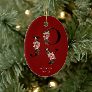 Poinsettia Floral Letters Holiday Monogram Ceramic Ornament