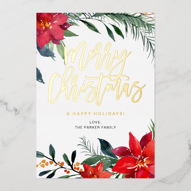 Poinsettia Floral Merry Christmas Foil Invitation (Front)