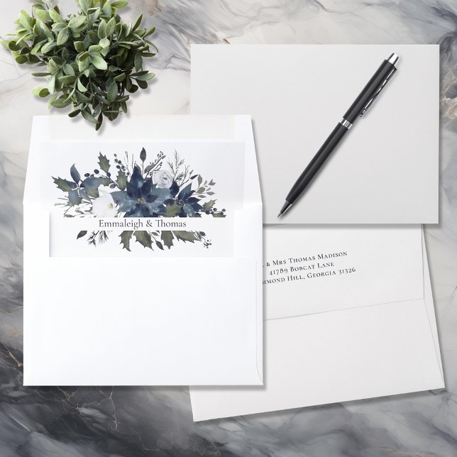 Poinsettia Floral Monogram | Navy Blue Envelope Liner (Creator Uploaded)