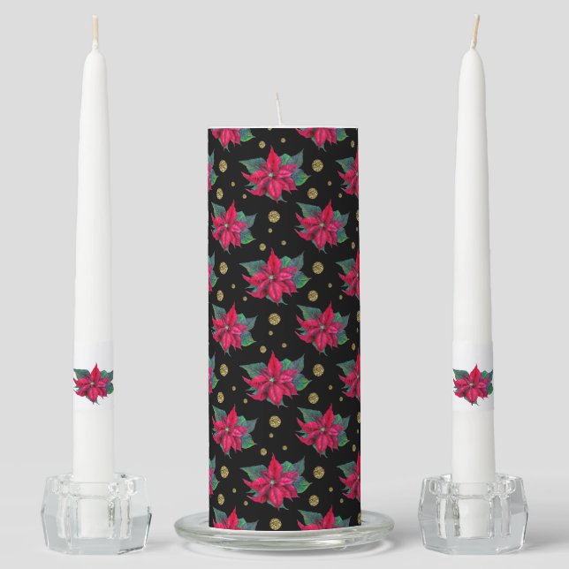 Poinsettia Floral Pattern - Black Unity Candle Set (Front)