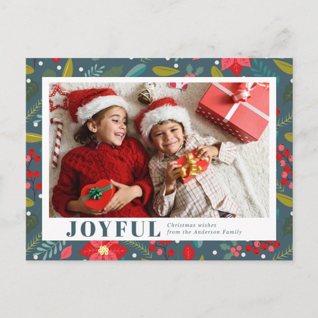 Poinsettia Floral Pattern Joyful Photo Christmas Holiday Postcard (Front)