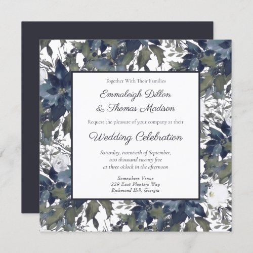 Poinsettia Floral Pattern Wedding  Navy Blue Invitation