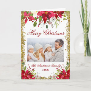 Poinsettia Floral Photo Christmas Gold Fold Holiday Card