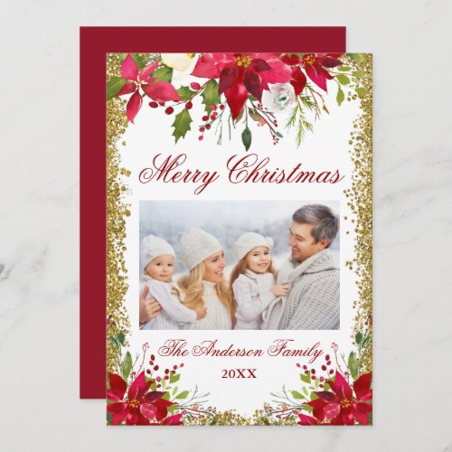 Poinsettia Floral Photo Glitter Christmas Card