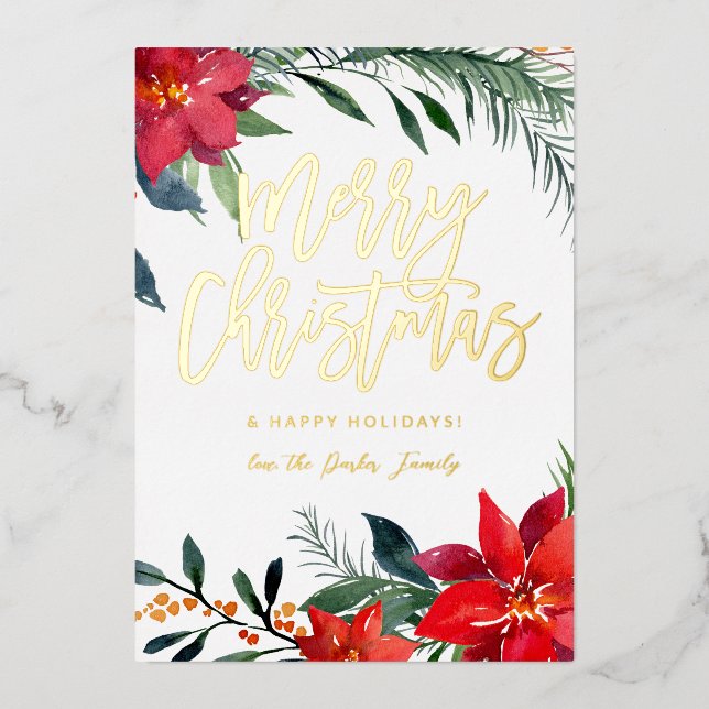 Poinsettia Floral Photo Glitter Merry Christmas  Foil Invitation (Front)