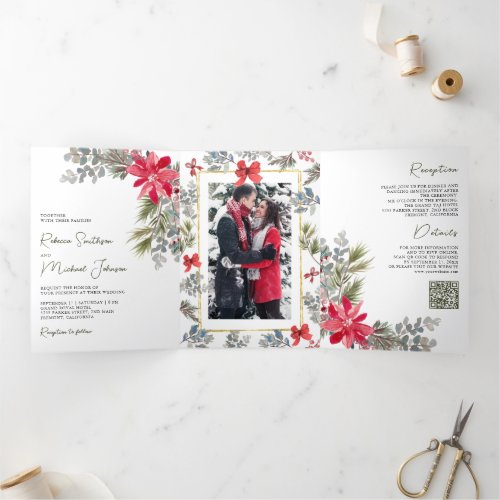 Poinsettia Floral Photo QR Code Christmas Wedding Tri_Fold Invitation