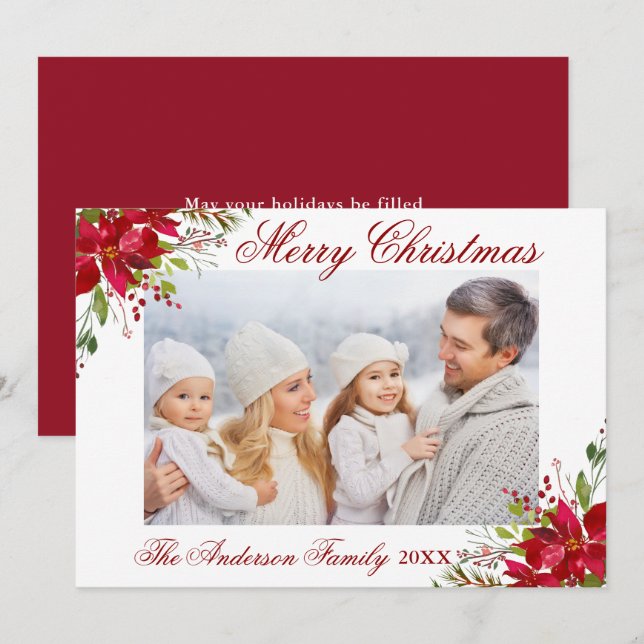 Poinsettia Floral Photo Red Christmas Card (Front/Back)