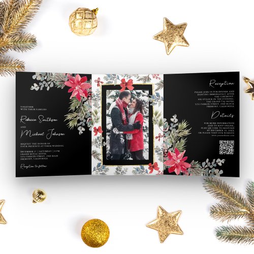 Poinsettia Floral QR Code Black Christmas Wedding Tri_Fold Invitation