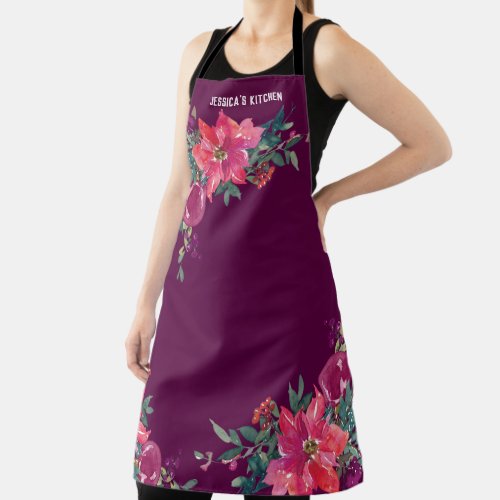 Poinsettia Floral Red Wine Christmas Name Apron